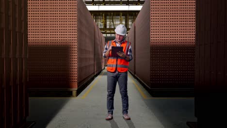 full body of asian male engineer with safety helmet taking note on the tablet and looking around while standing with red brick packed in stacks are stored