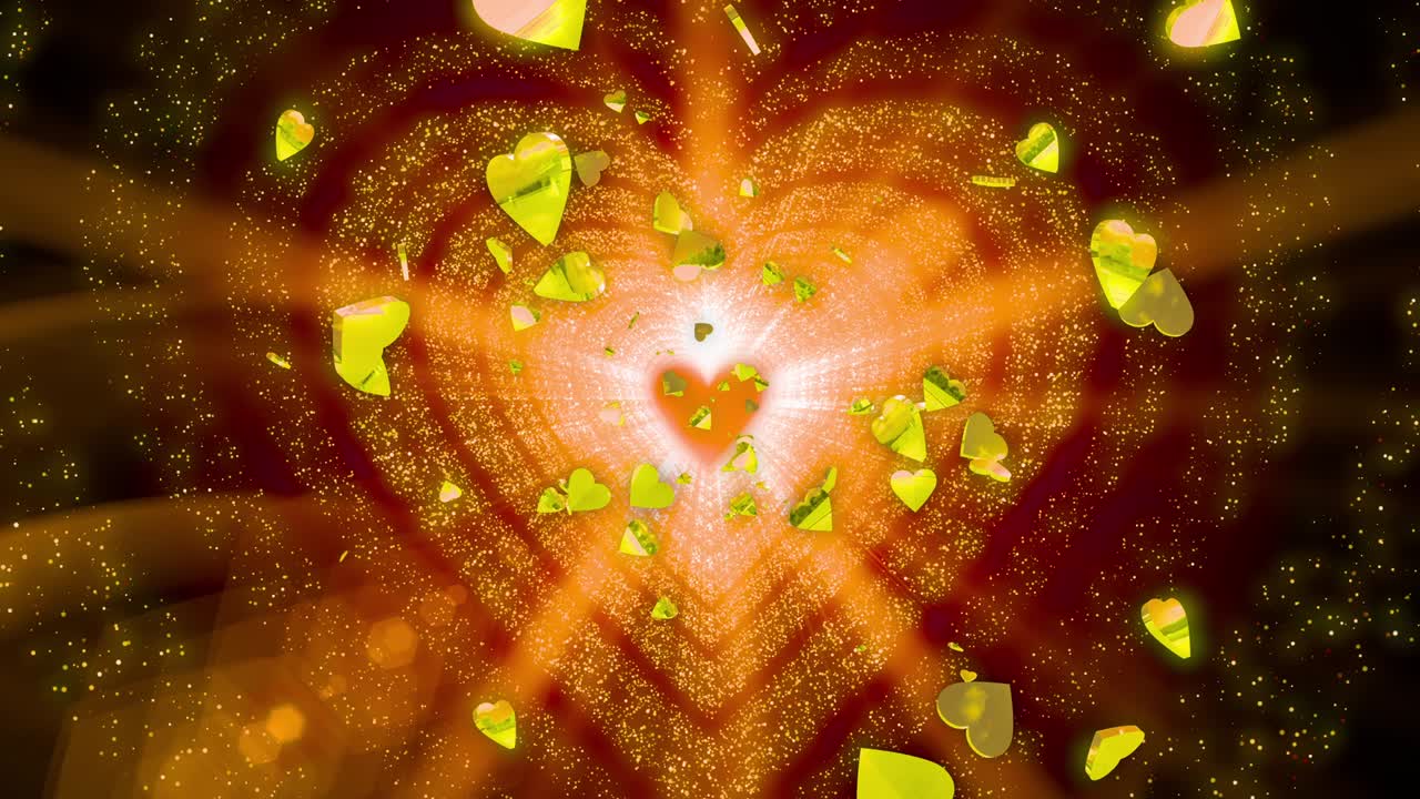 animación de bucle de partículas con forma de corazón, brillo de luz, golpe de neón y parpadeo