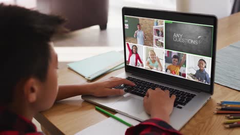 Niño-Asiático-Teniendo-Una-Videoconferencia-Con-Profesores-Y-Compañeros-De-Clase-En-Una-Computadora-Portátil-En-Casa