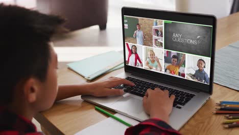 niño asiático teniendo una videoconferencia con el maestro y sus compañeros de clase en la computadora portátil en casa