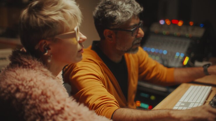 Female Singer and Sound Engineer Working on New Album in Recording Studio