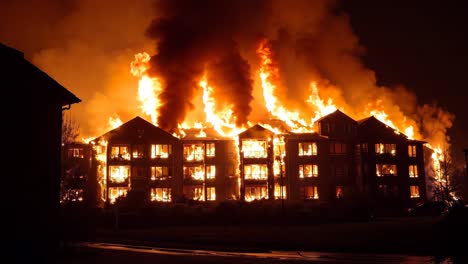 a large building on fire in the middle of a city at night