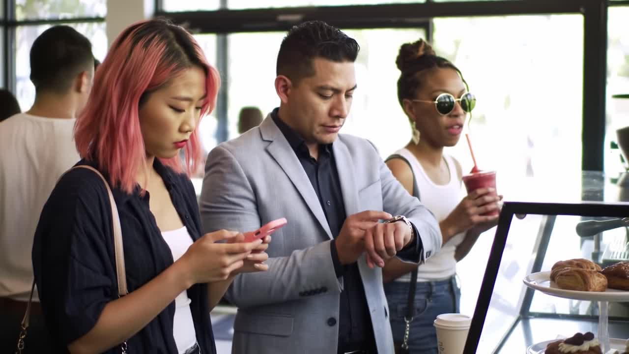 A Busy Cafe Scene Capturing Urban Life: People Interacting While Ordering Food and Drinks, Highlighting Diverse Social Dynamics and Daily Routines