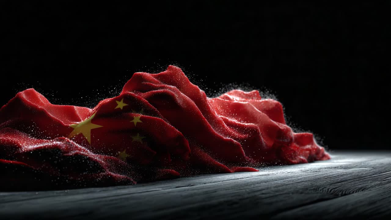 A Dramatic Representation of a Crumpled Flag: A Close-Up of the Flowing Fabric and Vibrant Colors Against a Dark Background, Highlighting Nationalistic Elements