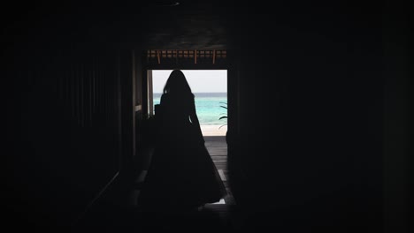 silhouette of a young woman wearing a long dress walking in a hallway of a wooden house on the exotic beach with blue ocean in backround