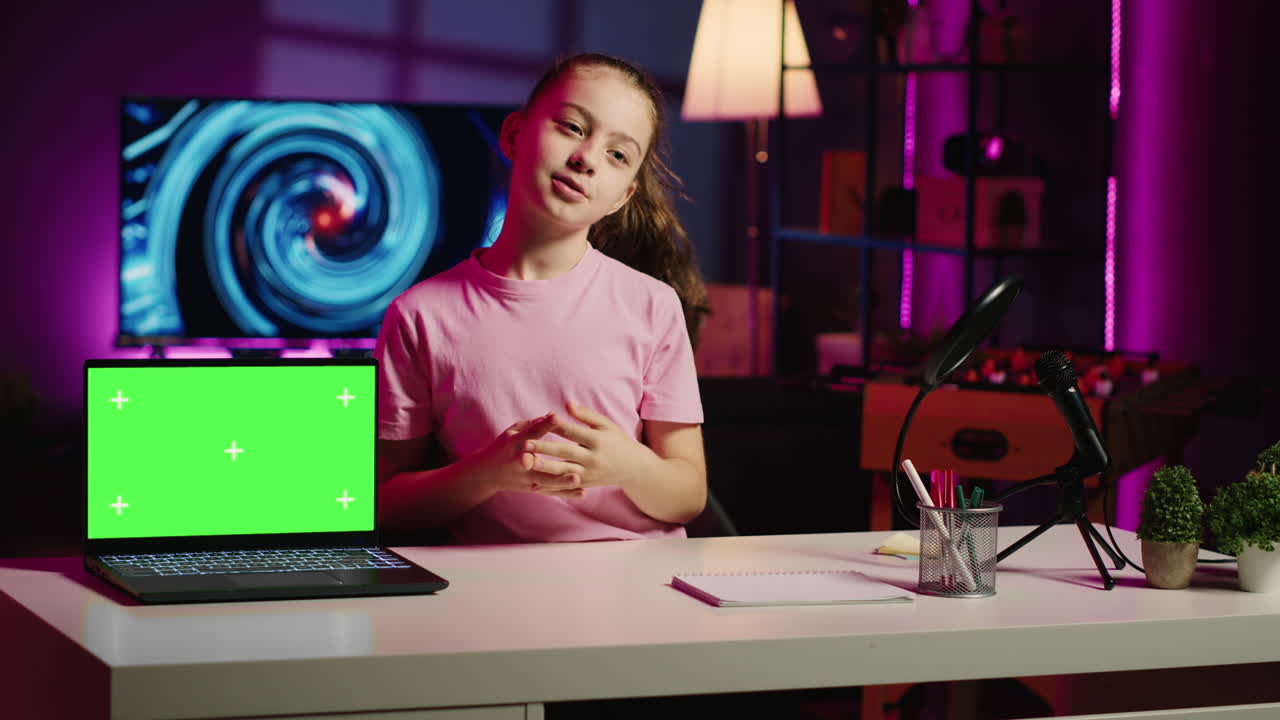 Ragazzo carino in studio casalingo che presenta pubblicità del marchio sponsor su un laptop con schermo verde