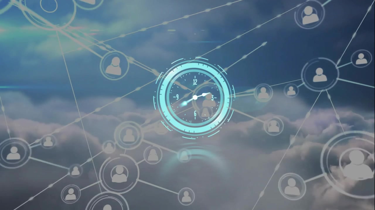 Animation of moving clock and network of connections with icons over clouds on sky