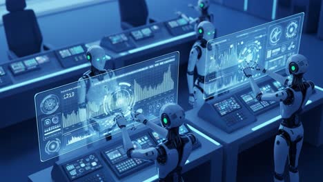 a futuristic control room filled with advanced robots interacting with holographic data displays, showcasing the cutting-edge technology of robotic automation and data analysis.
