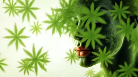 cannabis leaf silhouette art. a unique art piece featuring a green silhouette with cannabis leaves overlaying the face for a striking effect.