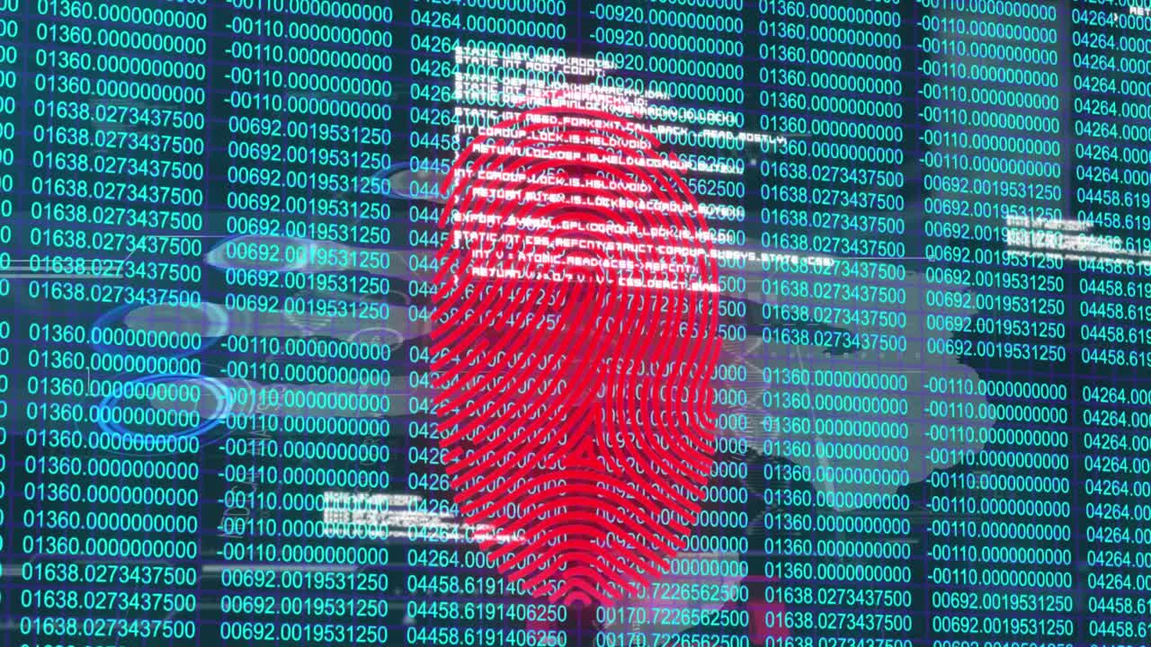 Animation of biometric fingerprint scanner over statistical data processing and binary coding