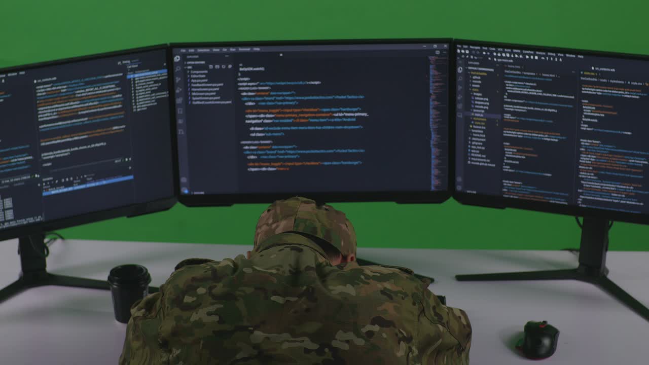 Back View Of Tired Asian Man Soldier Developer Sleeping While Write Code With Multiple Computer Screens In Green Screen Studio