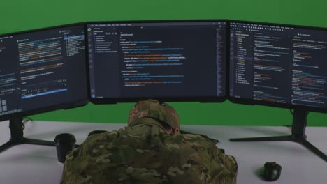 vista trasera de un hombre asiático cansado soldado desarrollador durmiendo mientras escribe código con múltiples pantallas de computadora en el estudio de pantalla verde