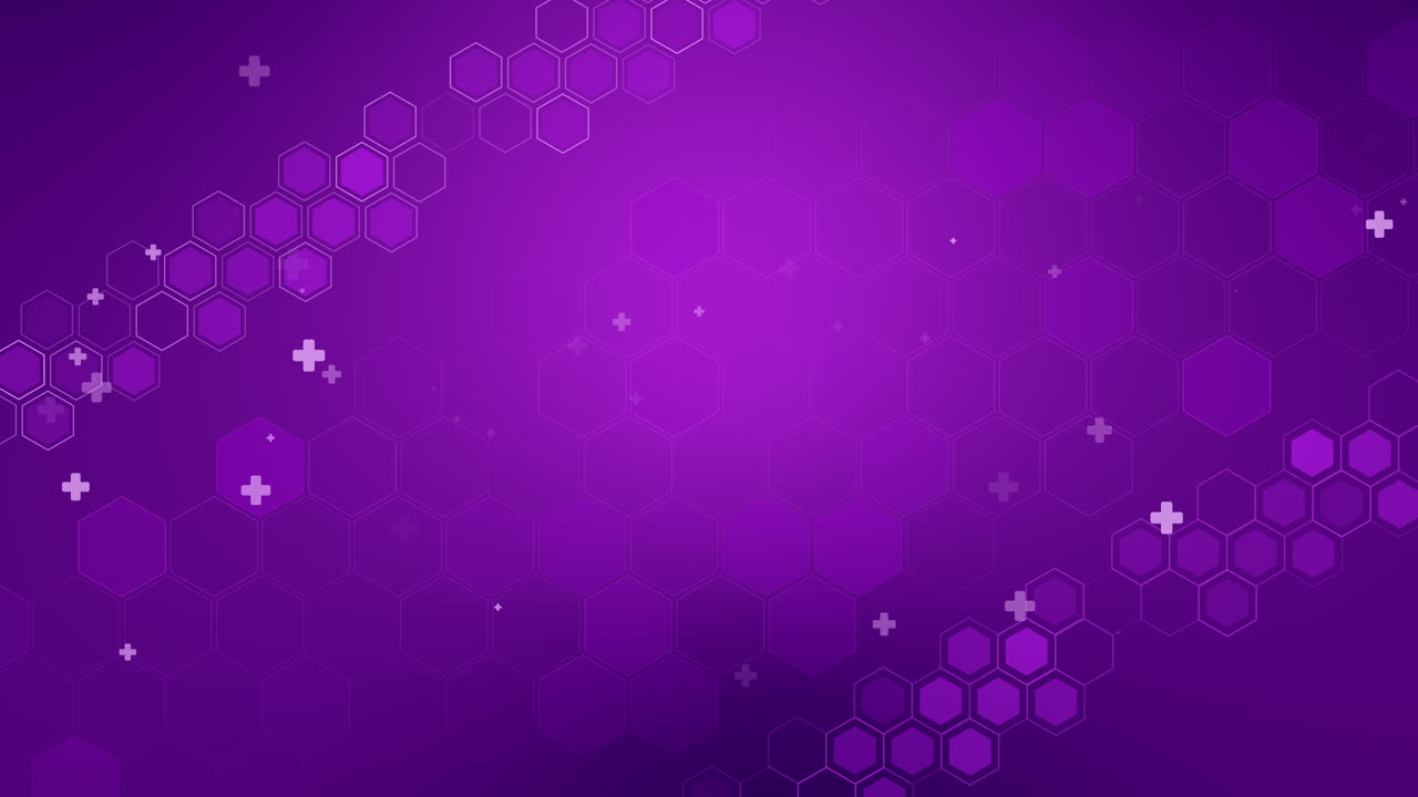Purple medical background with hexagons and crosses. Diagonal grid pattern healthcare and medicine design. Loop animation.
