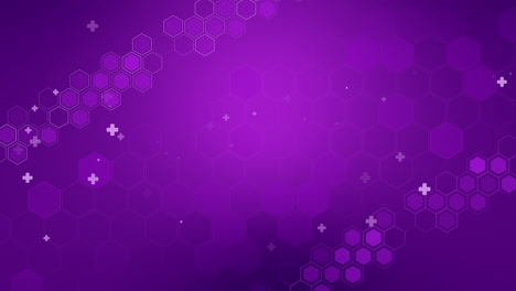 purple medical background with hexagons and crosses. diagonal grid pattern healthcare and medicine design. loop animation.