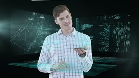 animación del procesamiento de datos sobre un empresario caucásico sonriente que usa un teléfono inteligente