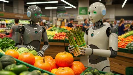 two advanced robots in a supermarket choose fresh produce, focusing on bright asparagus and colorful vegetables amidst busy shoppers and vibrant display