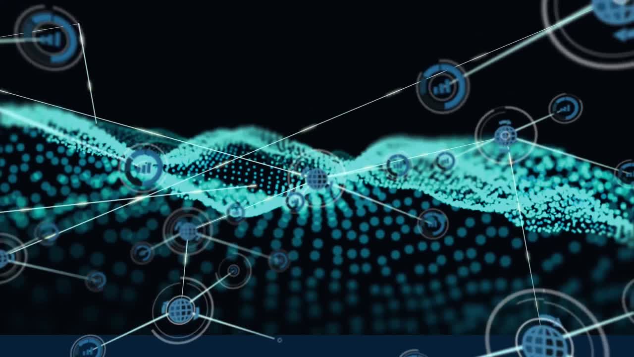 빛나는 초록색 메쉬 위에 아이콘으로 연결된 네트워크의 애니메이션