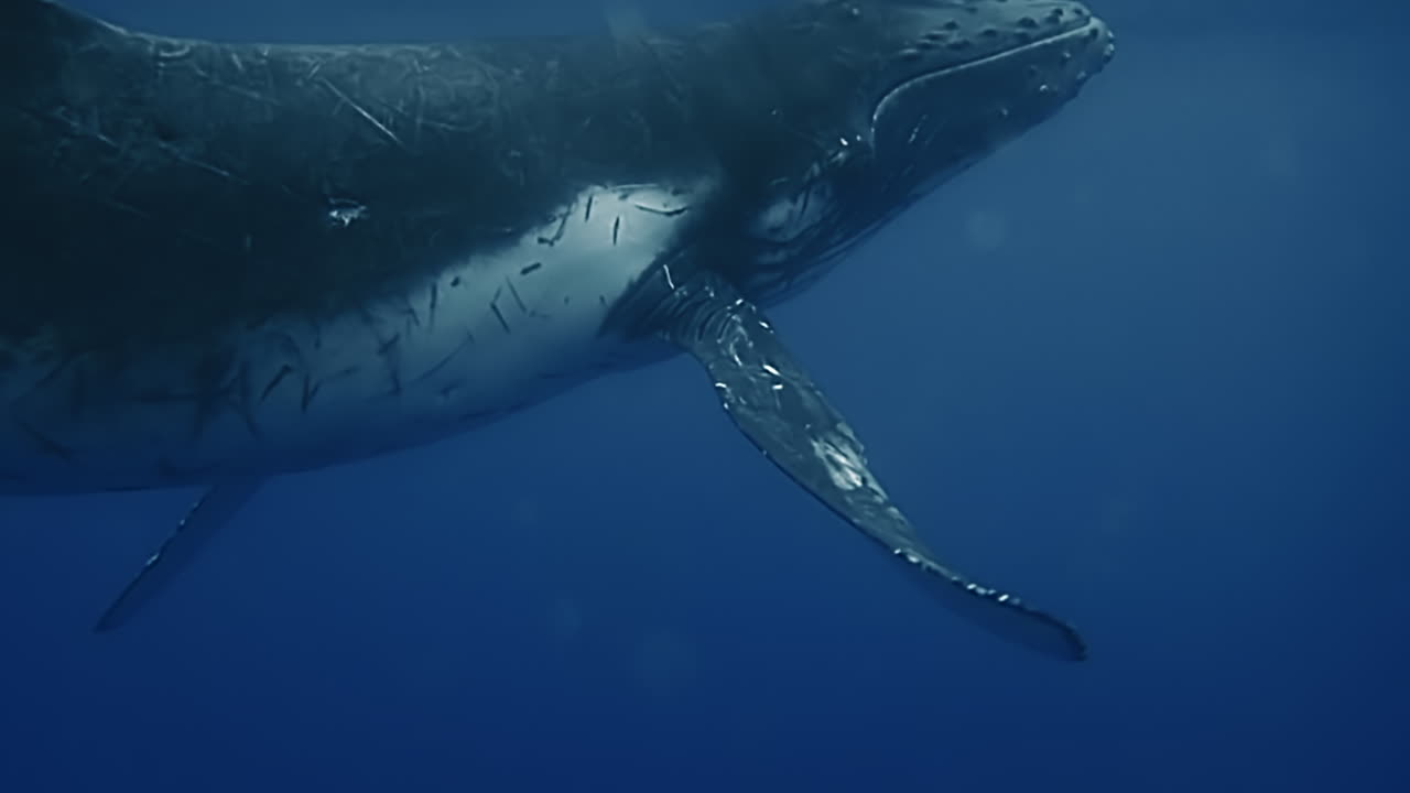 Old Humpback Whale full of scars, swimming in clear blue water - underwater view