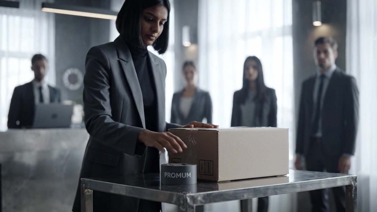 A business setting where a professional prepares to unbox a mysterious package, surrounded by colleagues observing the intriguing contents within the office environment.