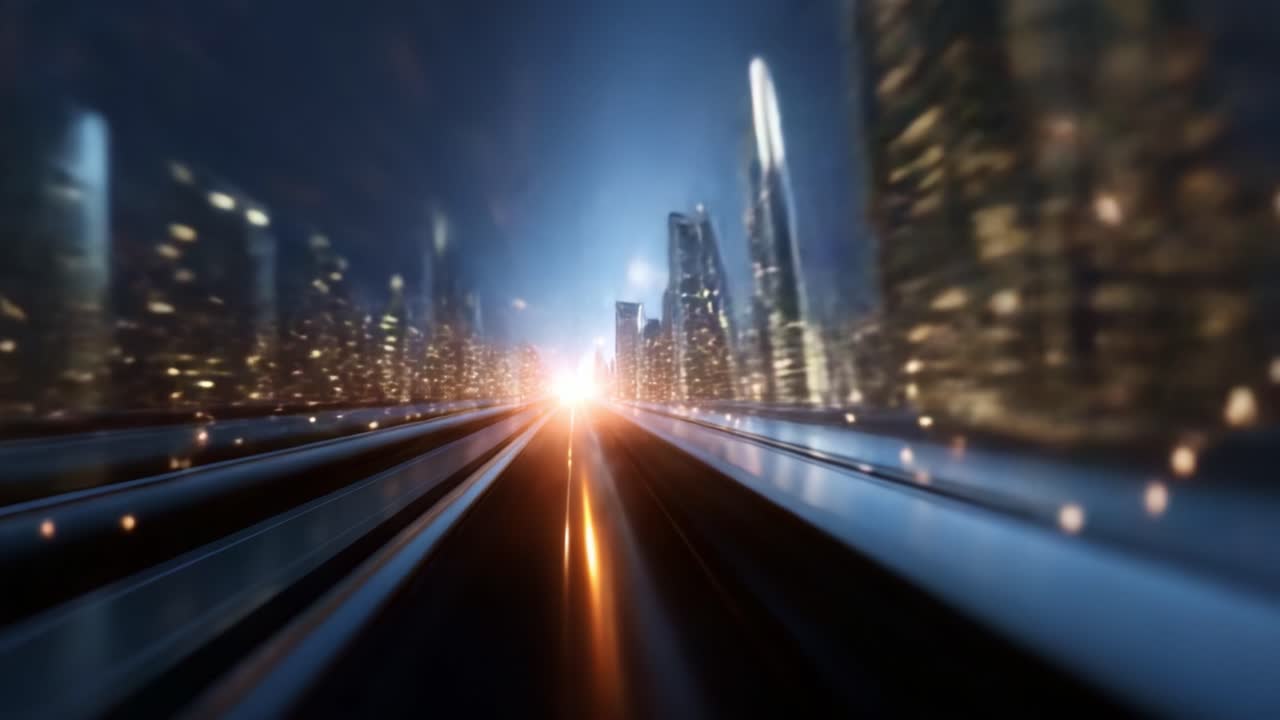 Scena futuristica dinamica che cattura le luci vivaci della città e l'architettura sfocata, raffigurante il movimento rapido attraverso un abbagliante paesaggio urbano di notte
