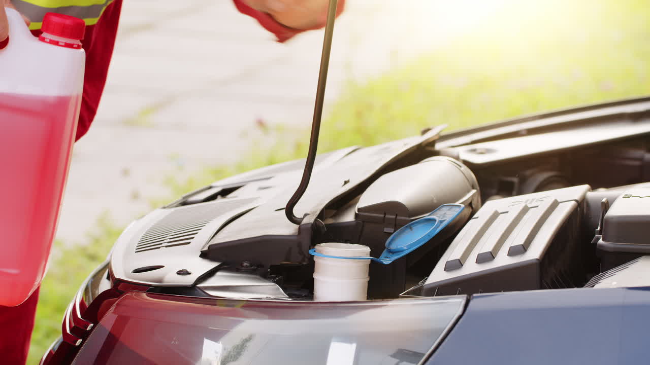 서비스 직원 남자는 자동차 유체 앞유리 빨간색 청소 세탁기 유리 여름 또는 겨울 청소기를 붓습니다