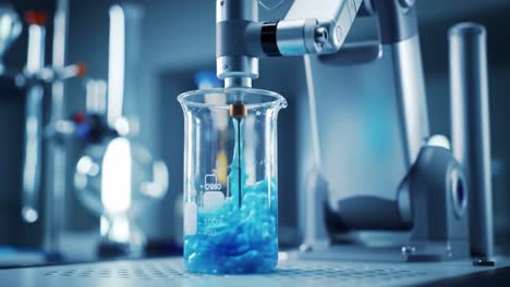 advanced robotic arm manipulating liquid in a laboratory beaker: precision mixing and experimentation in a high-tech scientific environment