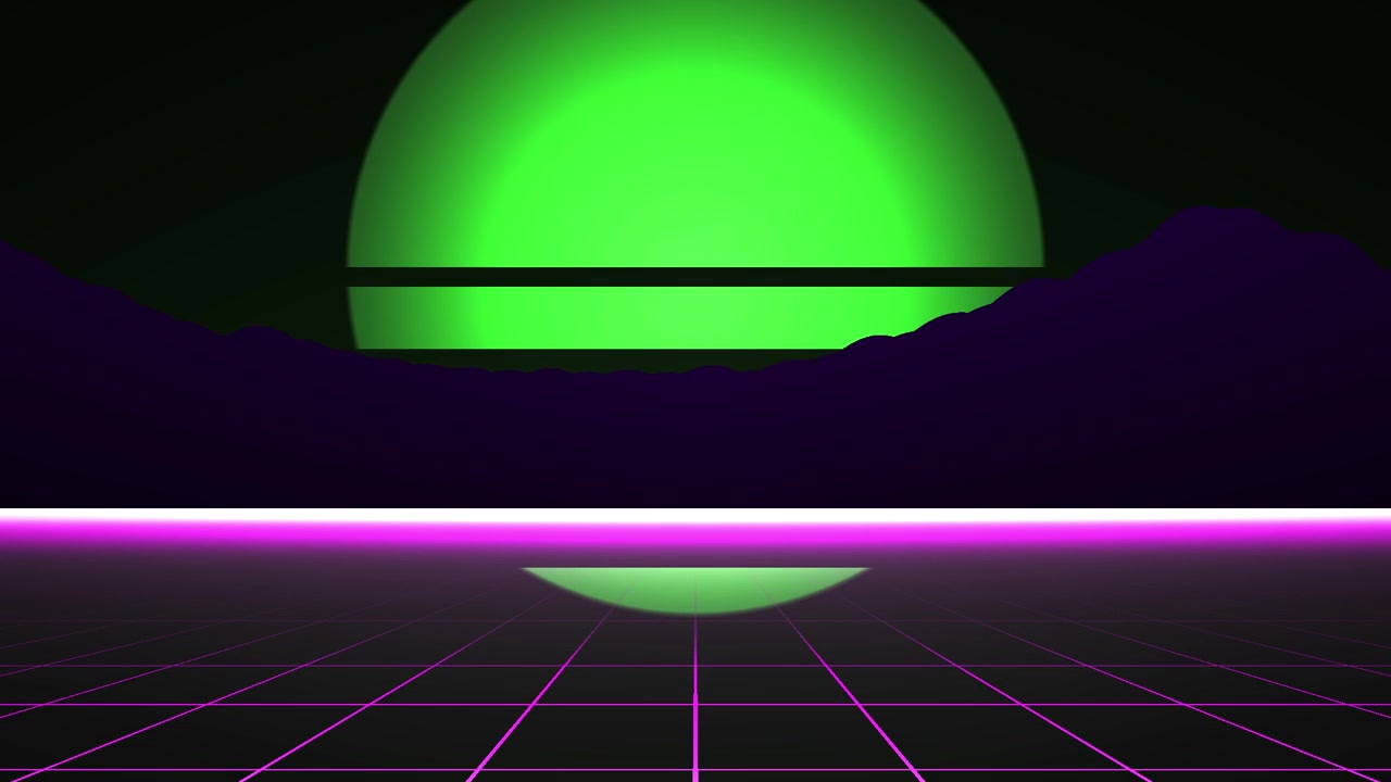 Paesaggio Retro Synthwave con Sole verde luminoso e pavimento a griglia