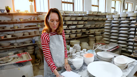 female potter checking the orders in notebook 4k