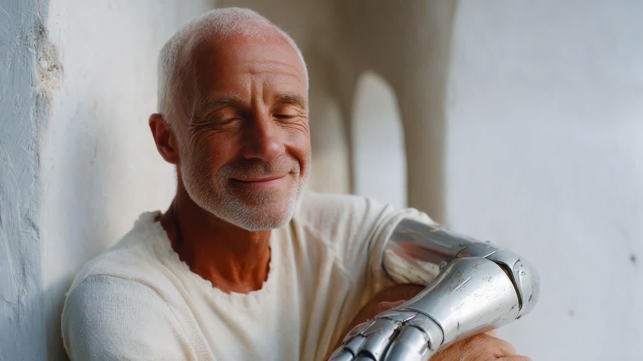 Aging Gracefully: The Journey of an Individual with a Robotic Arm, Balancing Human Resilience and Technological Advancement in a Serene Environment