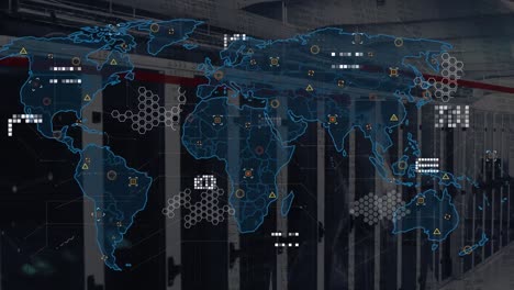 Animation-Der-Datenverarbeitung-über-Der-Weltkarte-Im-Vergleich-Zum-Computerserverraum