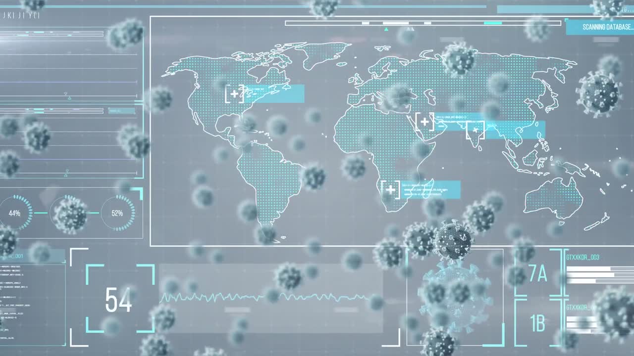 회색 배경에서 데이터 처리에 대한 코로나19 바이러스 세포의 애니메이션