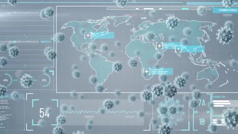 Animation-Von-Covid-19-Viruszellen-über-Die-Datenverarbeitung-Auf-Grauem-Hintergrund