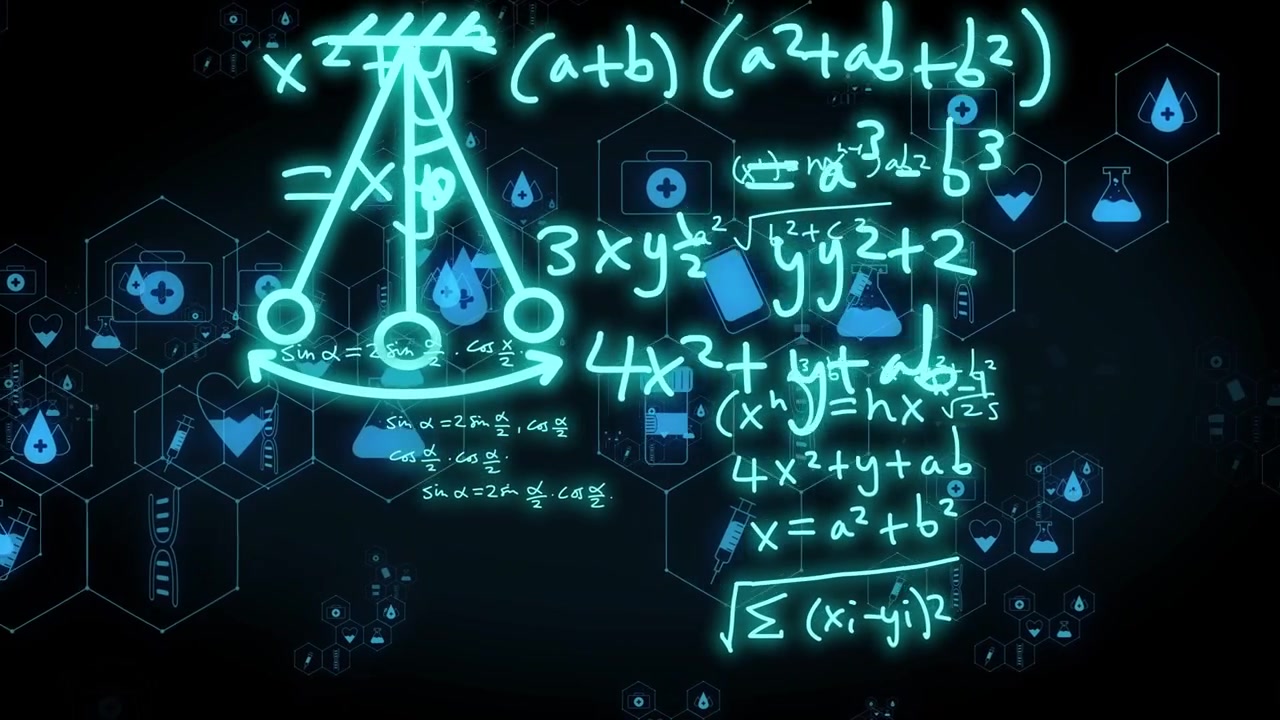 Teal formula appearing, glowing equations expanding and shifting to highlight math in medical grid