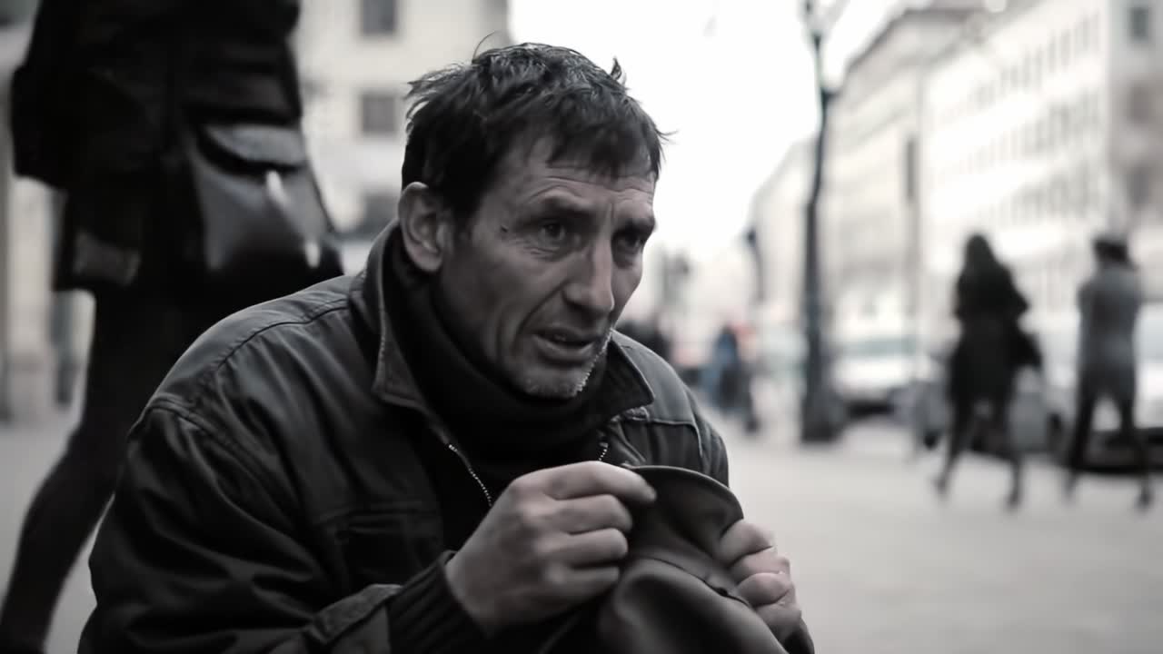 A man sits on a busy city street looking introspective and seeking assistance. He clutches a simple hat, surrounded by passing pedestrians.