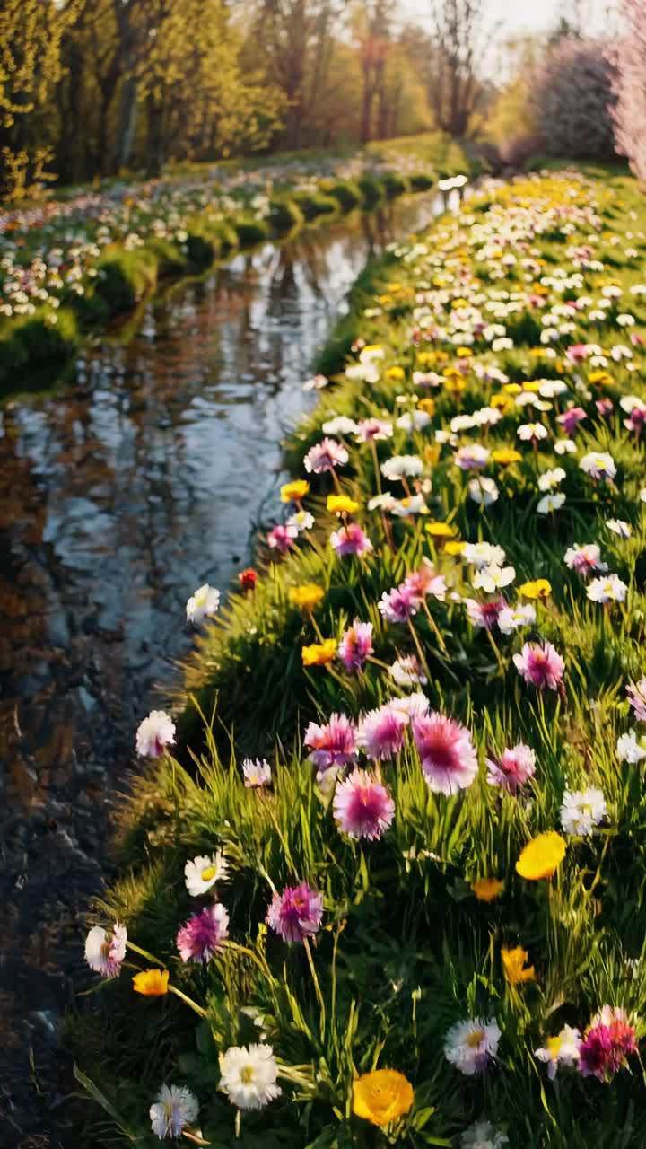 Vibrant flowers on a grassy path, captured from a low-angle, evoke a serene, nature-focused video