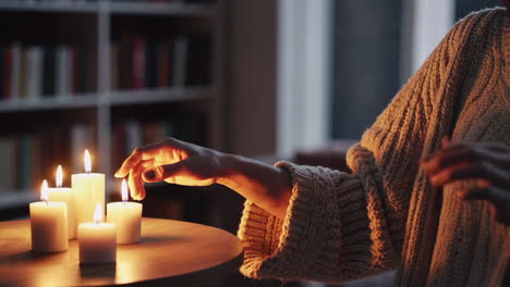 woman lighting candles in a cozy home setting