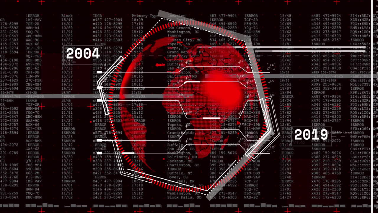 Digital world map and data processing animation over timeline from 2006 to 2012