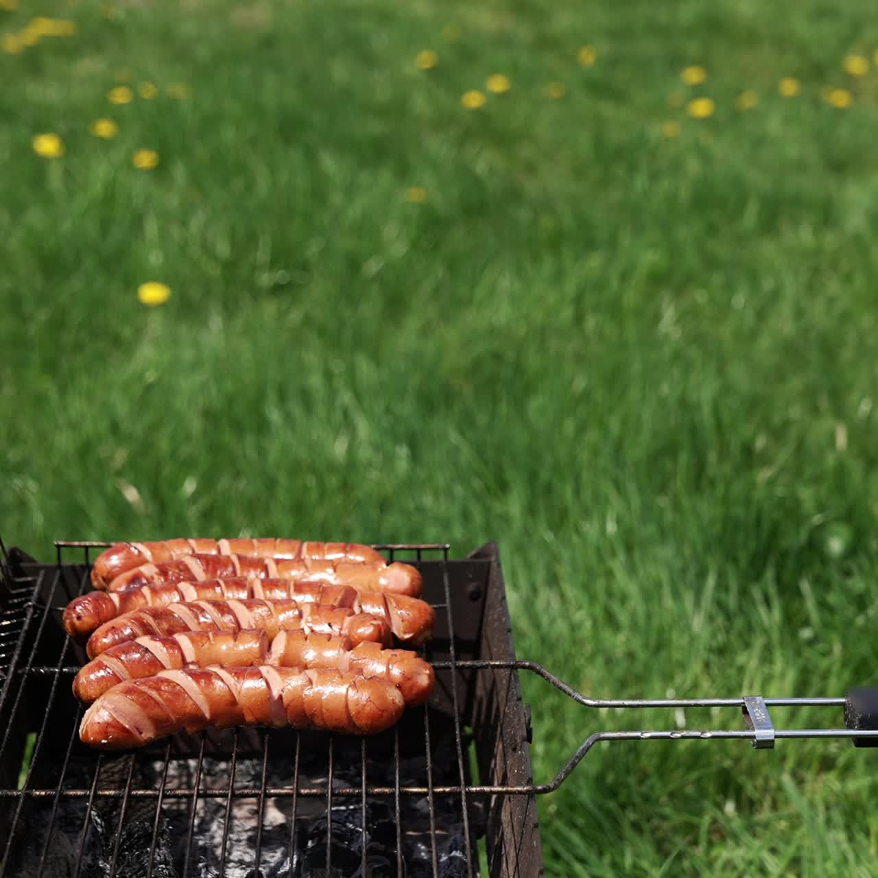 Delicious barbecue on green grass background. Hot dog sausages frying on a grill plate outdoors. Roasting food on barbeque grill for picnic