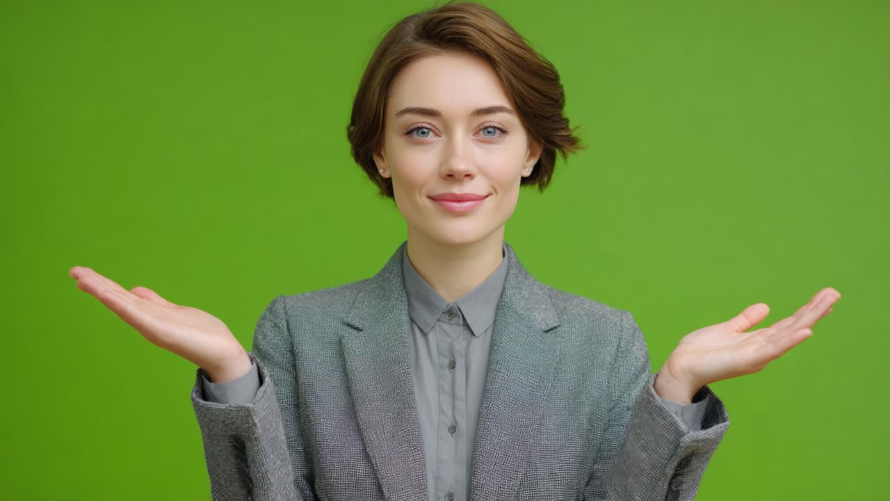 Una donna professionista sicura di sé che esprime entusiasmo e apertura con le mani tese su uno sfondo verde vivace in un ambiente da studio