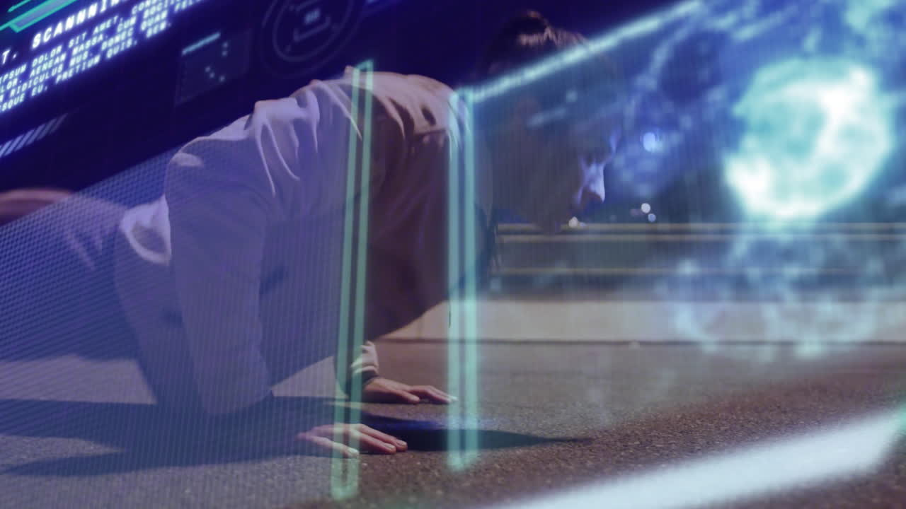 화면의 애니메이션과 데이터 처리 백인 여성이 압축을 하고 있습니다.