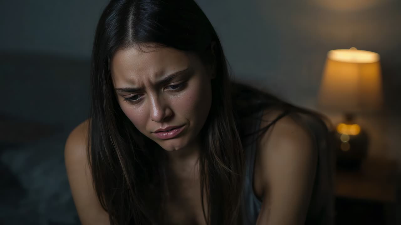 Reacting to pain, woman wearing grey camisole lifting hands to face on bed near lamp, holding
