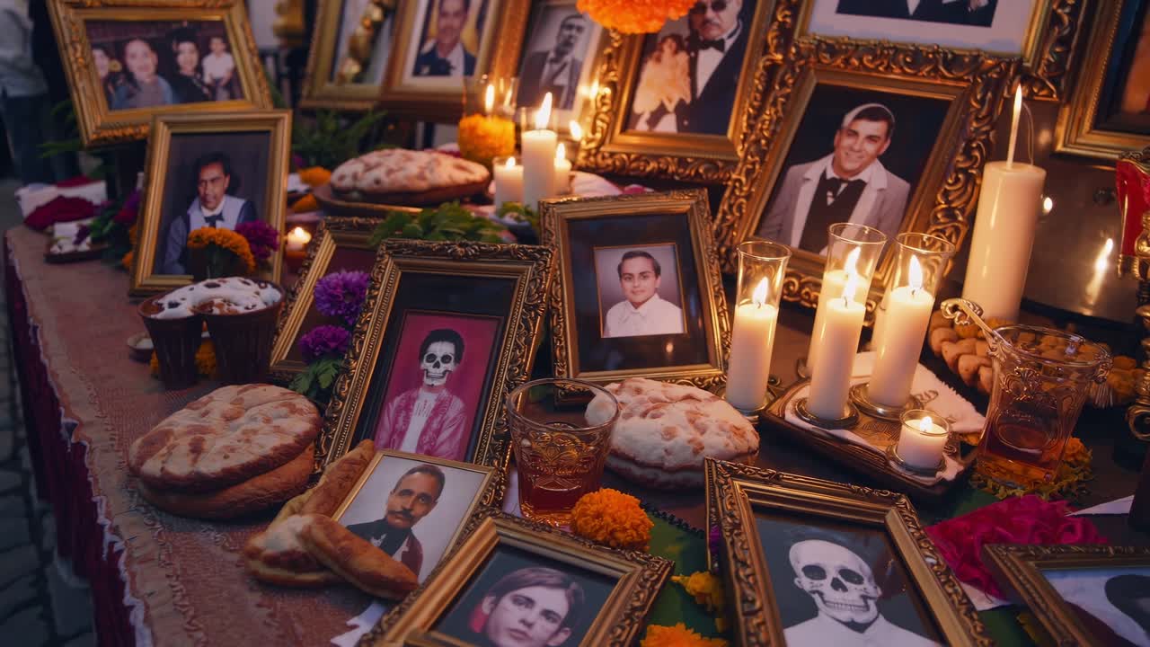 Vibrant altar adorned with framed photographs, candles, and traditional bread, showcasing a rich cultural celebration of remembrance and honoring loved ones in a beautifully arranged scene