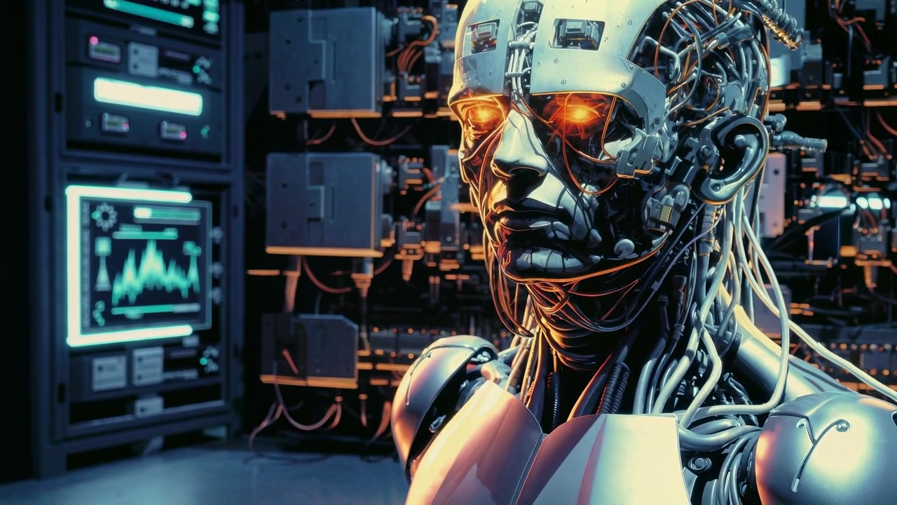 Cyborg Robot Head with Red Glowing Eyes in a Futuristic Server Room