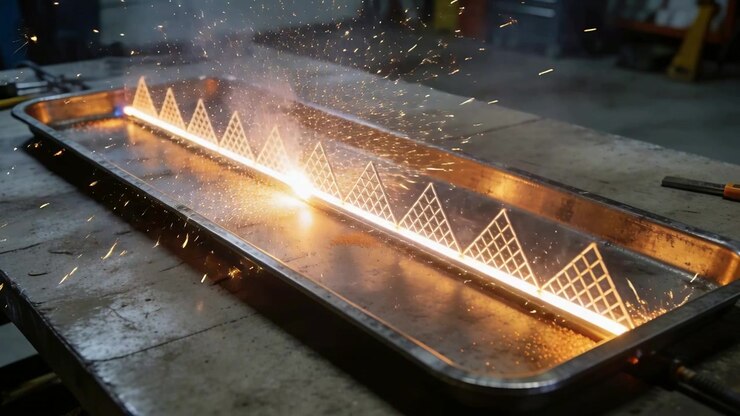 Cutting torch activating, cutting along metal strip on tray, making triangle pattern and sparks