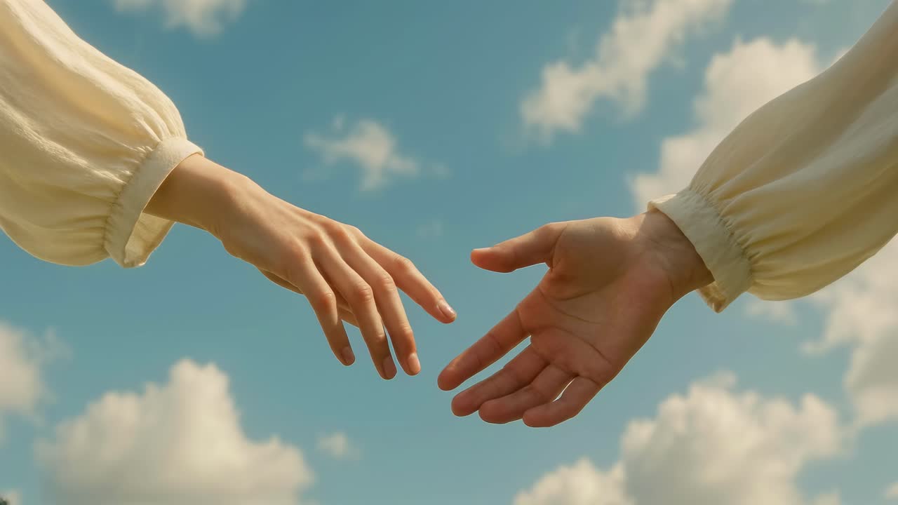 A serene video still of two hands reaching towards each other against a blue sky with clouds