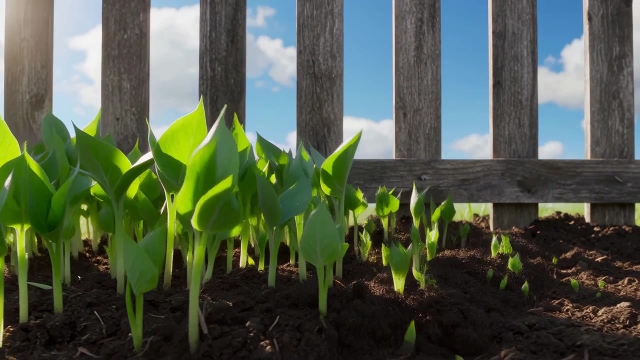 Nærbillede af små planter, der vokser i højden i havejord med livlige blade, træbaggrund, blå himmel og naturligt sollys, der skaber en rolig forårsdyrkningsscene