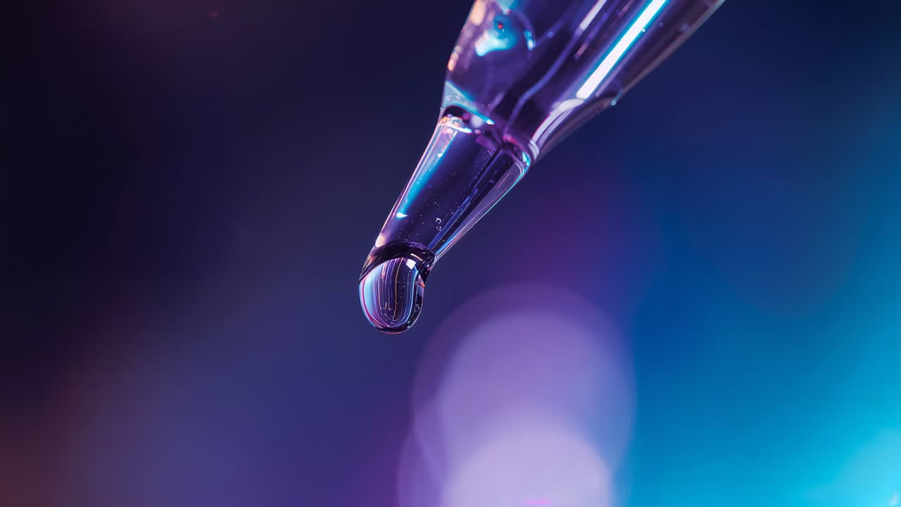 Forming bead on pipette tip stretching into filament and releasing droplet in lab, copy space