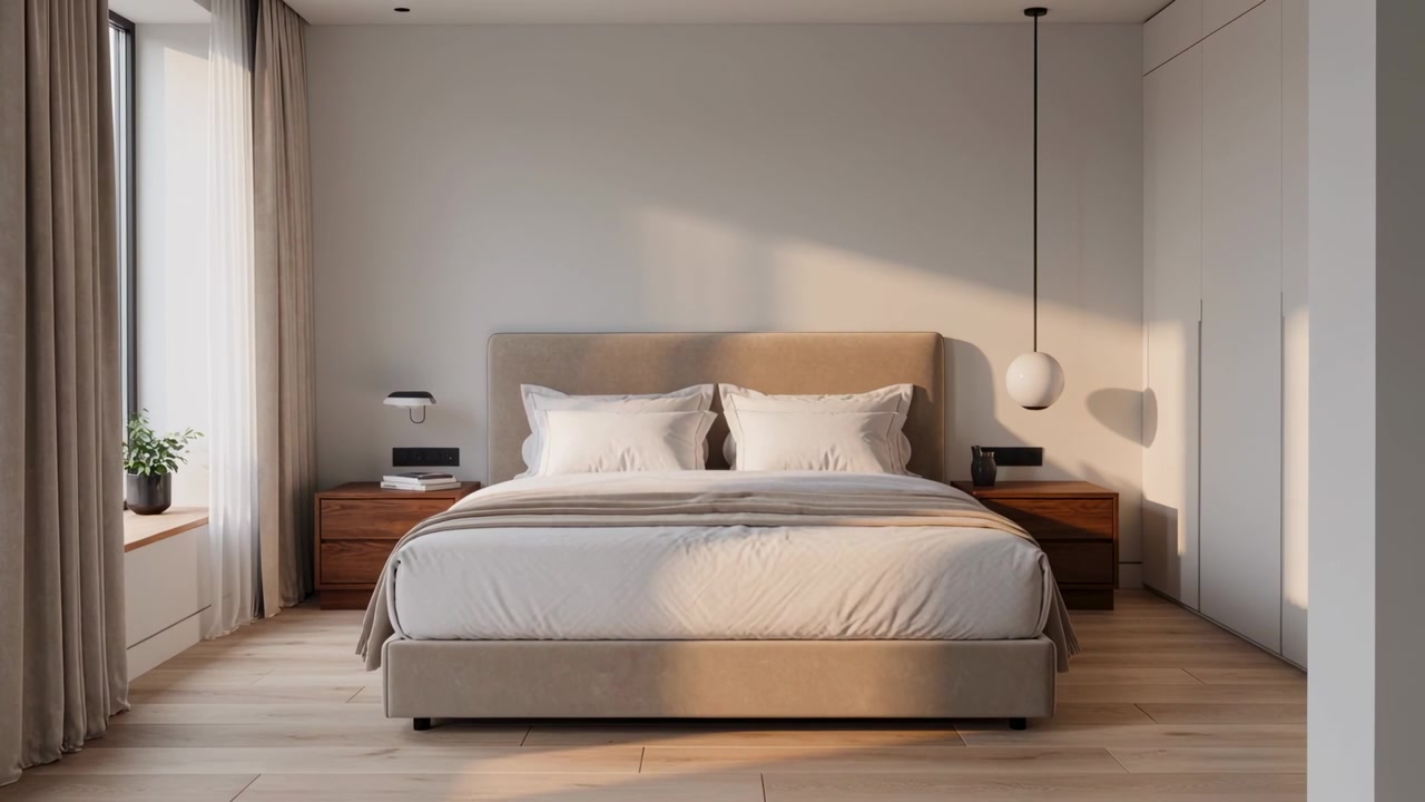 Luce solare mattutina che entra dalla finestra sinistra, attraversando la testiera del letto beige in camera da letto, mostrando l'ora.