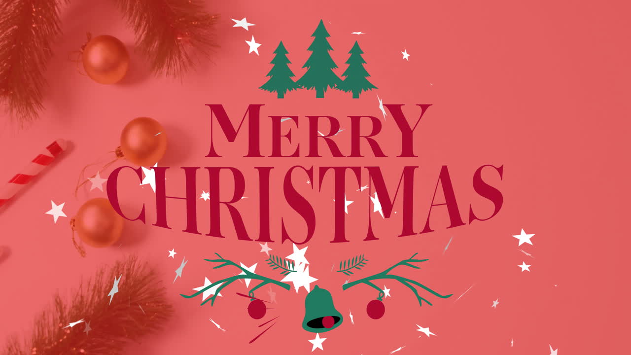Merry Christmas text animation over festive decorations with stars and candy cane
