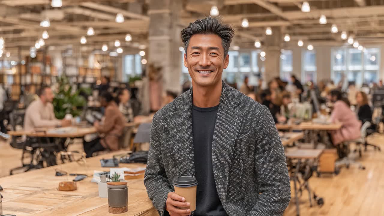 Um profissional confiante saboreando um café em um espaço de coworking moderno, cercado por colegas engajados e uma atmosfera vibrante e colaborativa